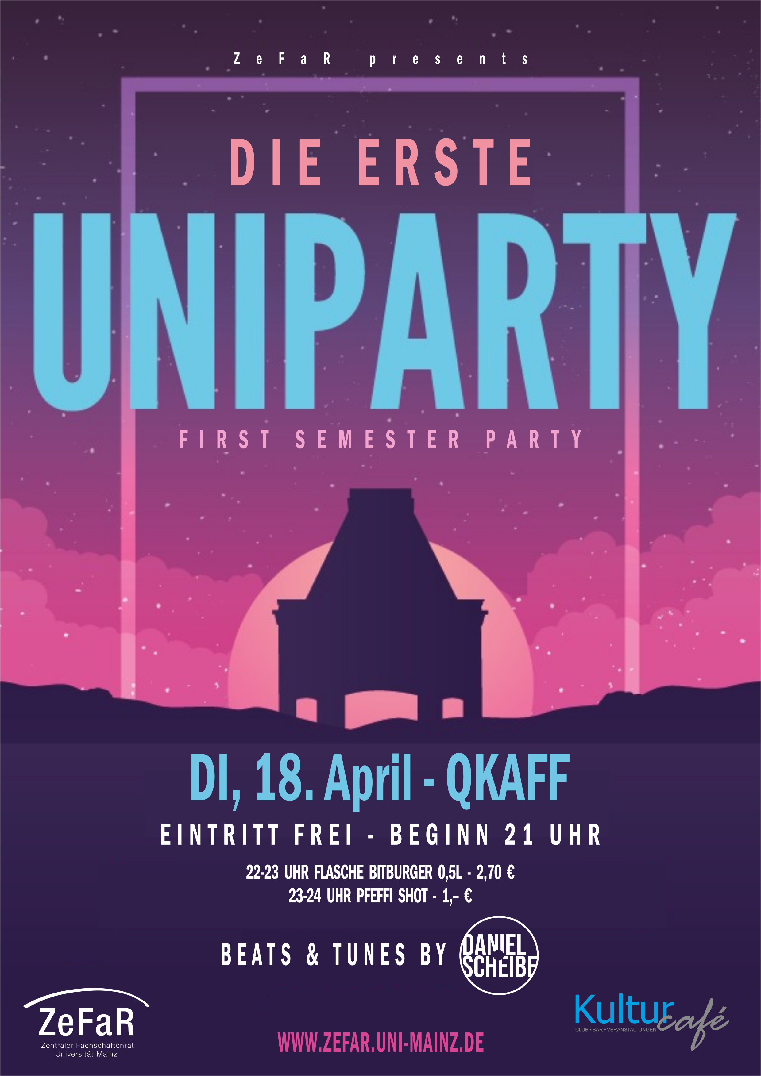 Plakat Erste Uniparty 18.04.2023. Beginn 21:00 Uhr. Ort: Kulturcafé. Eintritt frei